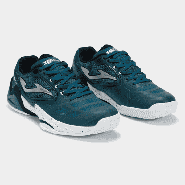 Pair of teal and gray athletic shoes on a white background