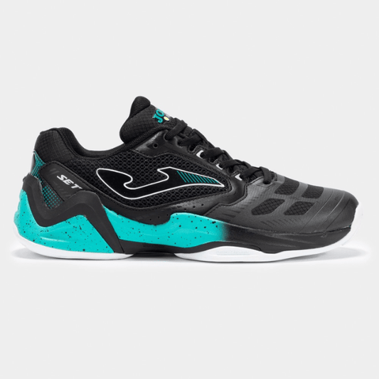 Black and teal athletic shoe on a white background
