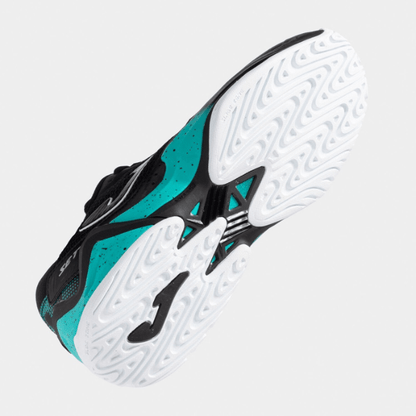 Teal, black, and white athletic shoe on a light gray background