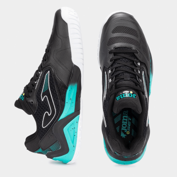 Black and turquoise athletic shoes with brand logo on a light gray background