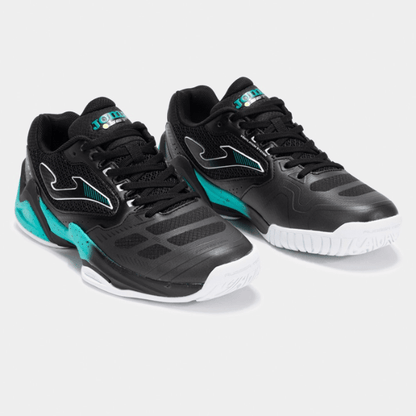 Black and teal athletic shoes on a light gray background