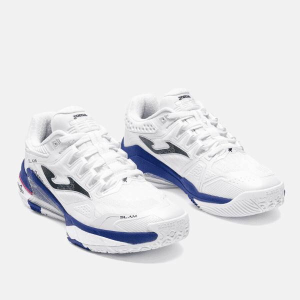 Joma Slam 2612 padel shoes in white and blue, designed for comfort, grip, and stability on the padel court