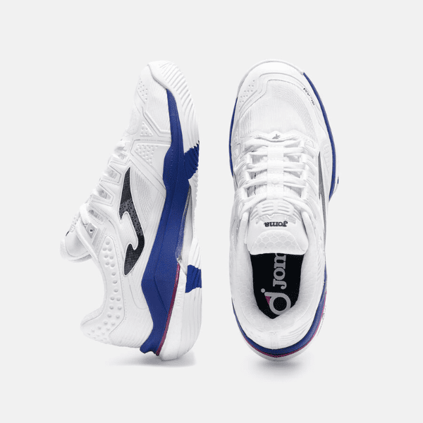 Joma Slam 2612 padel shoes in white and blue, designed for comfort, grip, and stability on the padel court