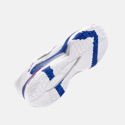 Joma Slam 2612 padel shoes in white and blue, designed for comfort, grip, and stability on the padel court