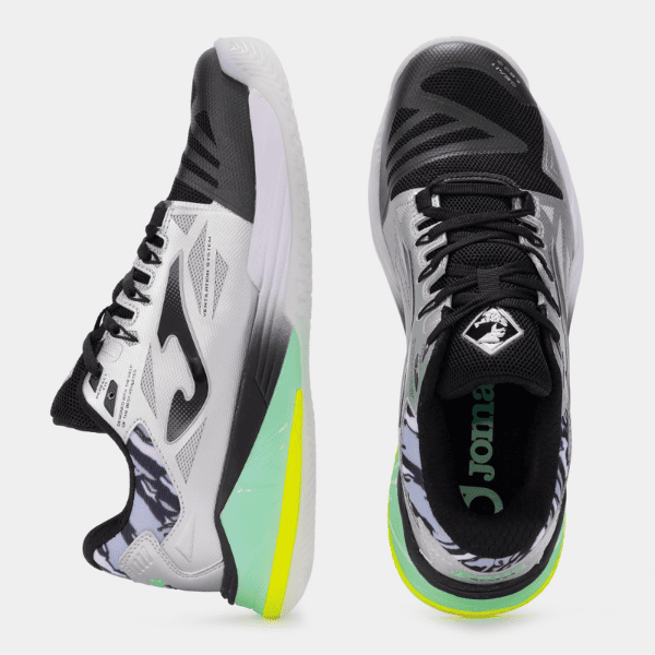 Joma Spin 2612 padel shoes in silver and black, featuring a sleek sporty design for comfort, grip, and stability on the padel court.