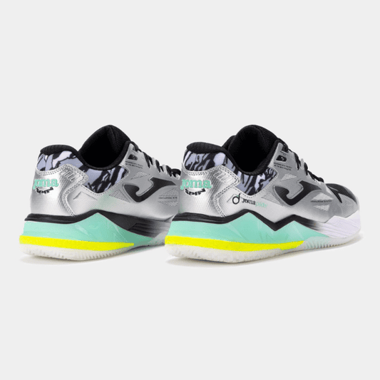 Joma Spin 2612 padel shoes in silver and black, featuring a sleek sporty design for comfort, grip, and stability on the padel court.