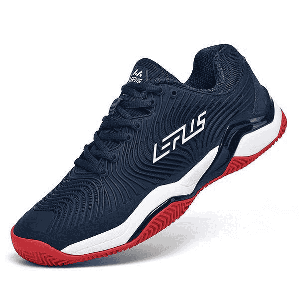 Navy and red sports shoe with 'LETOUS' branding on a white background
