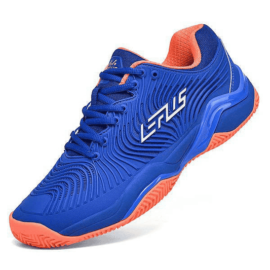 Blue and orange sports shoe with 'LENS' branding on a white background