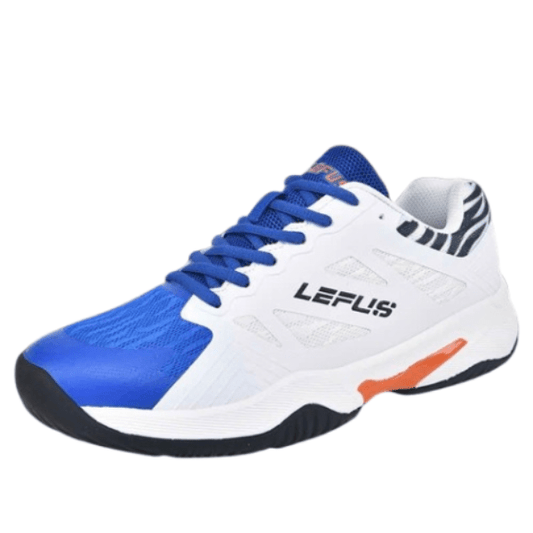 White and blue athletic shoe with orange accents on a white background