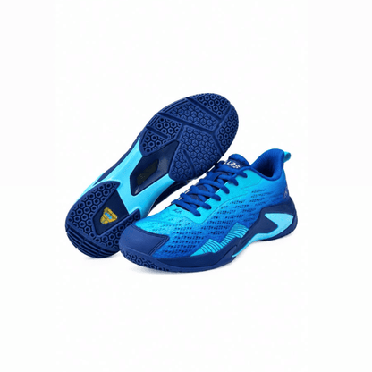 Lefus L040 badminton shoes in blue and navy with breathable mesh upper and non-marking rubber outsole.