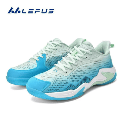 LEFUS badminton shoes in mint green, white, and bright blue with breathable mesh upper, white laces, cushioned sole, and blue patterned outsole displayed on a white background.