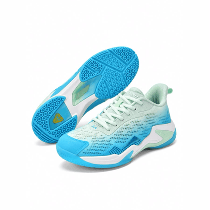 LEFUS badminton shoes in mint green, white, and bright blue with breathable mesh upper, white laces, cushioned sole, and blue patterned outsole displayed on a white background.