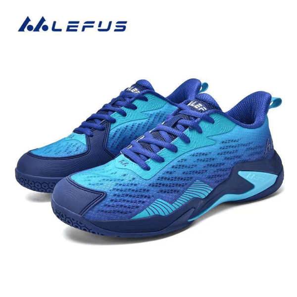 Lefus L040 badminton shoes in blue and navy with breathable mesh upper and non-marking rubber outsole.