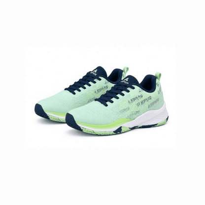 LEFUS mint green and navy athletic shoes with breathable mesh upper, navy laces, white midsole, lime accents, and patterned navy outsole displayed on a white background