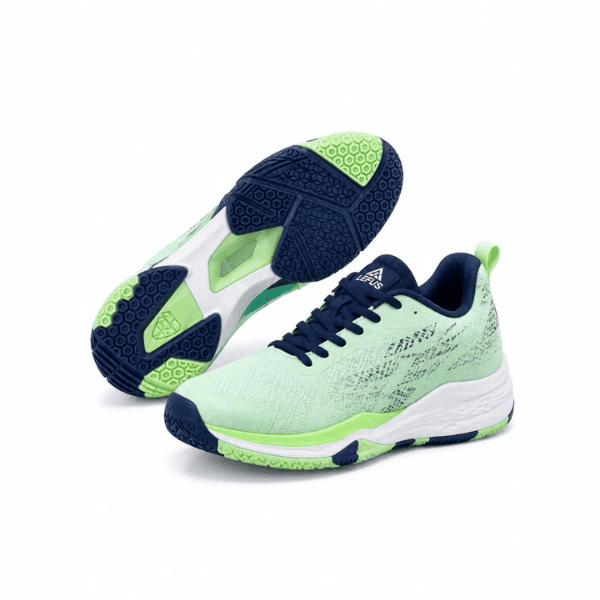 LEFUS mint green and navy athletic shoes with breathable mesh upper, navy laces, white midsole, lime accents, and patterned navy outsole displayed on a white background.