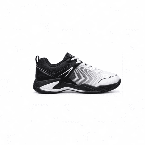 Lefus LFS-L029 badminton shoes in white and black with a cushioned sole and supportive heel design.