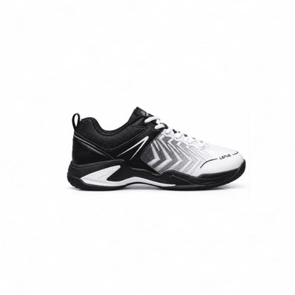 Lefus LFS-L029 badminton shoes in white and black with a cushioned sole and supportive heel design.