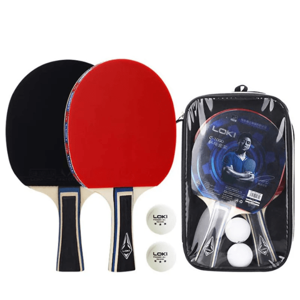 Two table tennis rackets with red and black paddles, three white balls, and a carrying case on a white background.