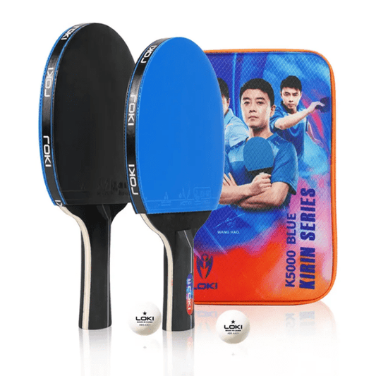 Two table tennis paddles with a blue and black design, a paddle case featuring two players, and two balls on a white background.