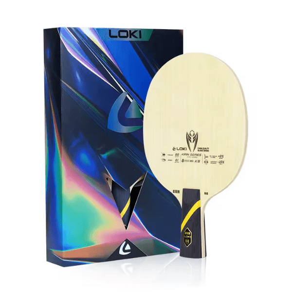 Table tennis paddle with LOKI branding next to its packaging on a white background