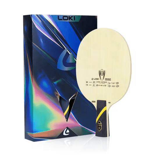Table tennis paddle with LOKI branding next to its packaging on a white background