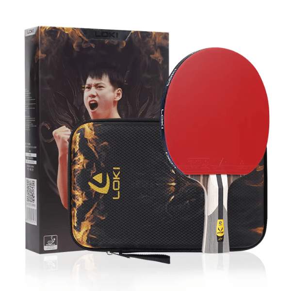 Table tennis paddle with red rubber and black handle, featuring LOKI branding, next to its packaging.