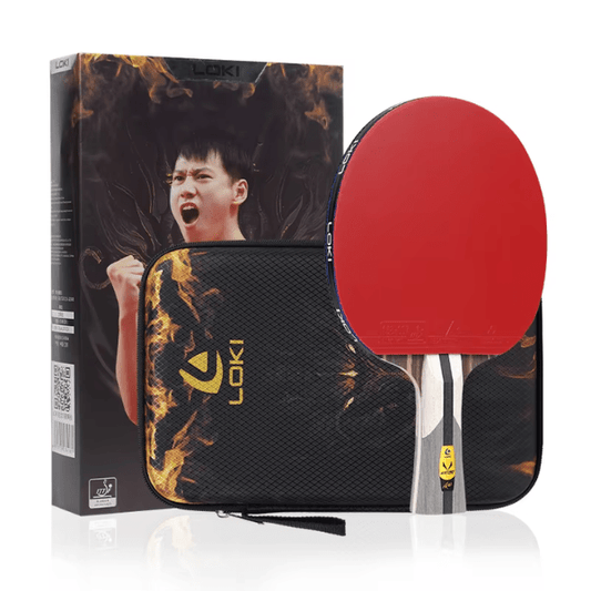 Table tennis paddle with red rubber and black handle, featuring LOKI branding, next to its packaging.