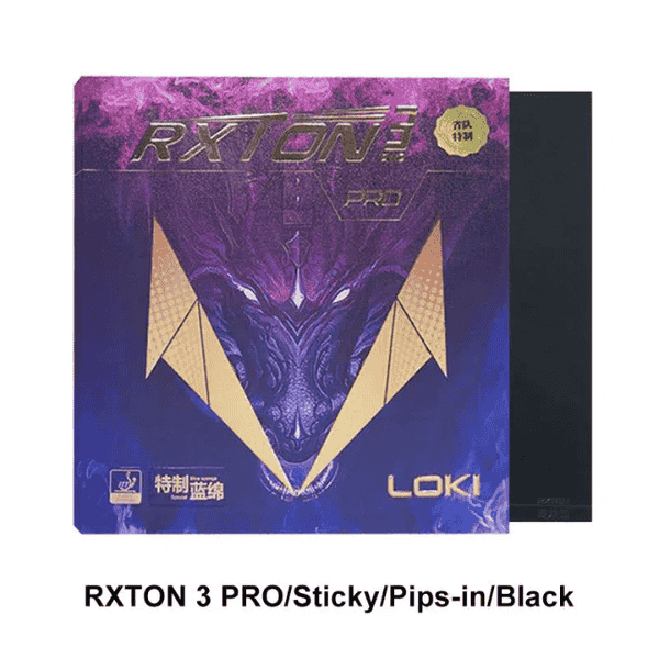 Table tennis rubber with purple and gold design on a white background