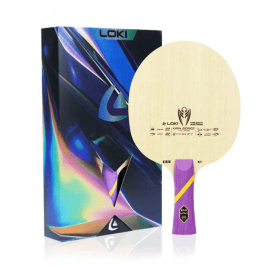 Table tennis paddle with purple handle and colorful packaging on a white background