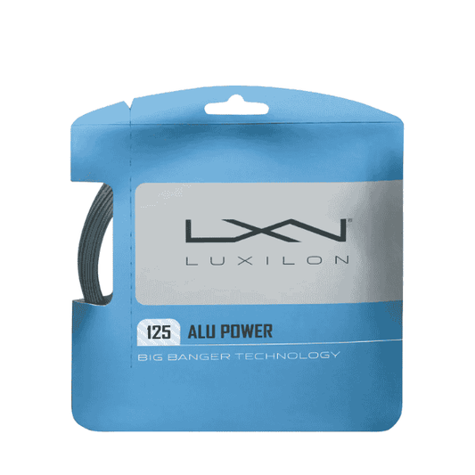 Luxilon ALU  Power 125 co-polyester tennis string reel in silver color.