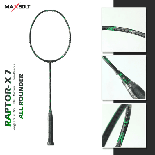 MAXBOLT Raptor-X 7 badminton racket featuring a lightweight frame, sleek design, and comfortable grip for powerful and controlled shots on the badminton court.