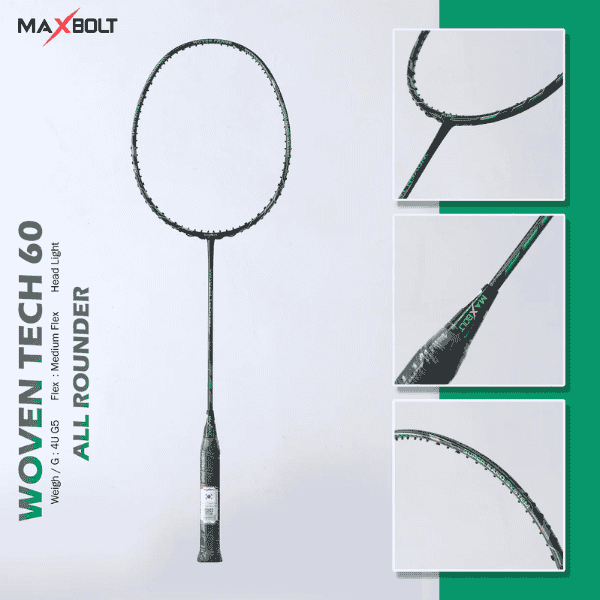 MAXBOLT Woven Tech 60 Green badminton racket featuring a stylish green design, woven technology frame, and comfortable grip for enhanced control and performance on the badminton court.