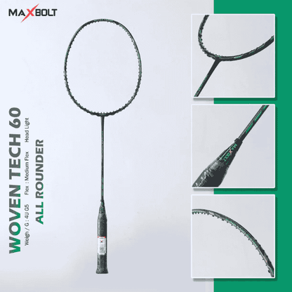 MAXBOLT Woven Tech 60 Green badminton racket featuring a stylish green design, woven technology frame, and comfortable grip for enhanced control and performance on the badminton court.
