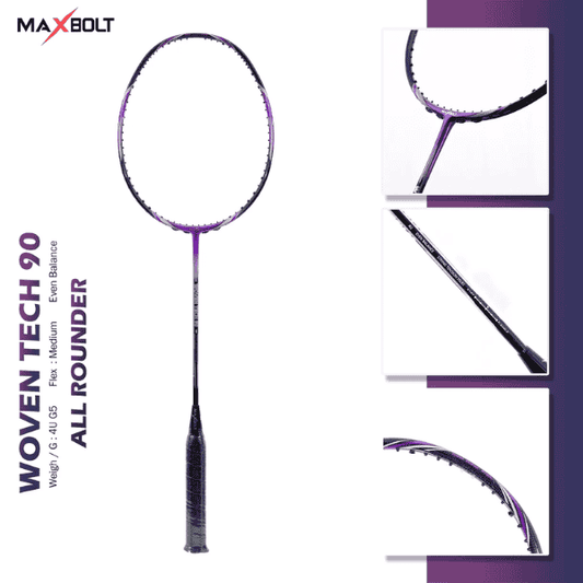 MAXBOLT Woven Tech 90 Purple badminton racket featuring a stylish purple design, woven technology frame, and comfortable grip for improved control and performance on the badminton court.