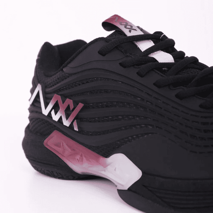 MAXX Vela 3 black badminton shoes designed for indoor court performance and stability.
