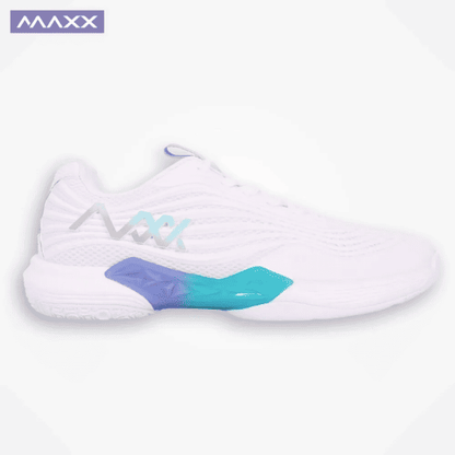 MAXX Vela 3 white badminton shoes designed for indoor court performance, comfort, and stability