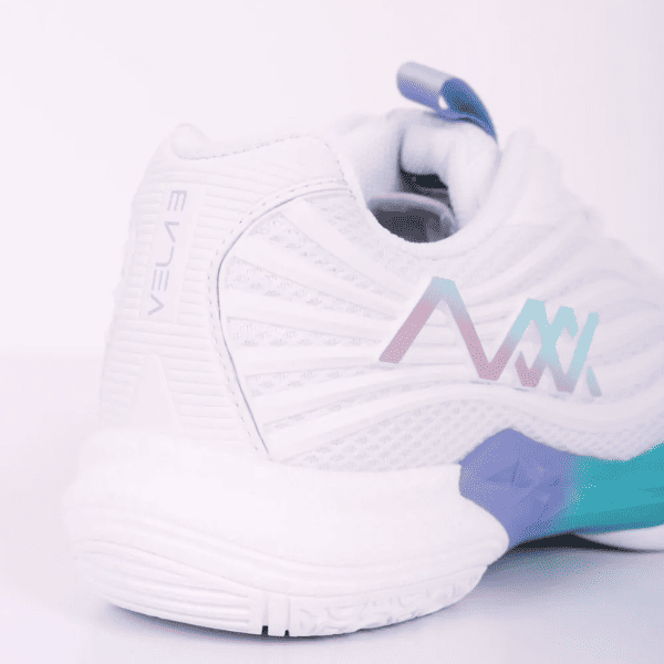 MAXX Vela 3 white badminton shoes designed for indoor court performance, comfort, and stability