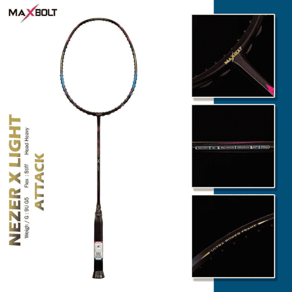 MaxBolt Nezer X Light Black badminton racket featuring a sleek black design, lightweight frame, and comfortable grip for enhanced speed, control, and maneuverability on the badminton court.
