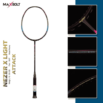 MaxBolt Nezer X Light Black badminton racket featuring a sleek black design, lightweight frame, and comfortable grip for enhanced speed, control, and maneuverability on the badminton court.