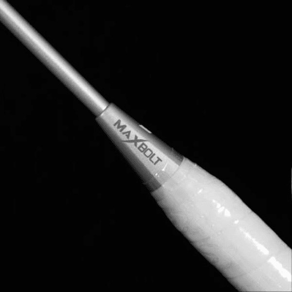 Maxbolt Silver ultra-light silver badminton racket with sleek metallic frame, designed for powerful attacking play.