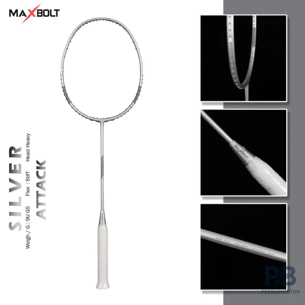 Maxbolt Silver ultra-light silver badminton racket with sleek metallic frame, designed for powerful attacking play.
