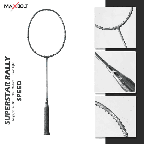 Maxbolt Superstar Rally lightweight badminton racket with graphite frame.