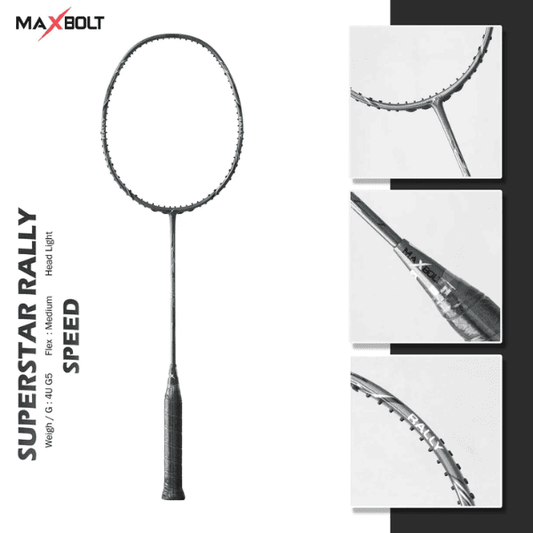 Maxbolt Superstar Rally lightweight badminton racket with graphite frame.