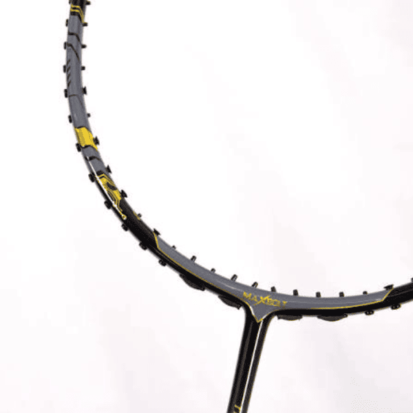 Maxbolt Thunderbolt Praveen Jordan badminton racket with a lightweight frame and flexible shaft in black.