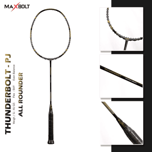 Maxbolt Thunderbolt Praveen Jordan badminton racket with a lightweight frame and flexible shaft in black.