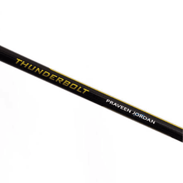 Maxbolt Thunderbolt Praveen Jordan badminton racket with a lightweight frame and flexible shaft in black.