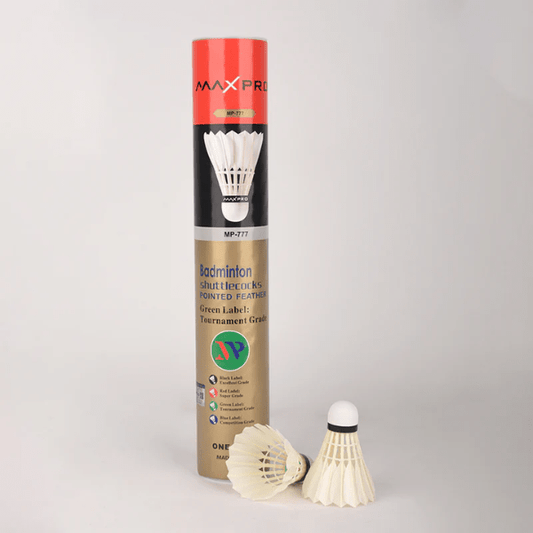 MaxPro badminton shuttlecocks with packaging on a gray background