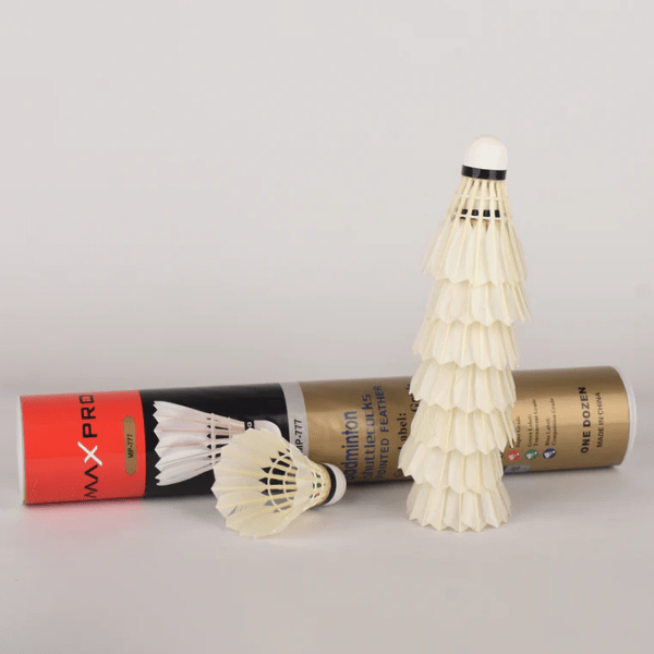 Badminton shuttlecocks with Max Pro packaging on a light gray background