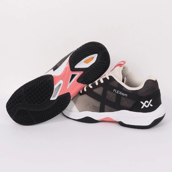 Pair of black, pink, and white sports shoes on a light gray background