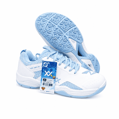 MAXX X Superman badminton shoes in white and light blue with breathable upper and non-marking sole.